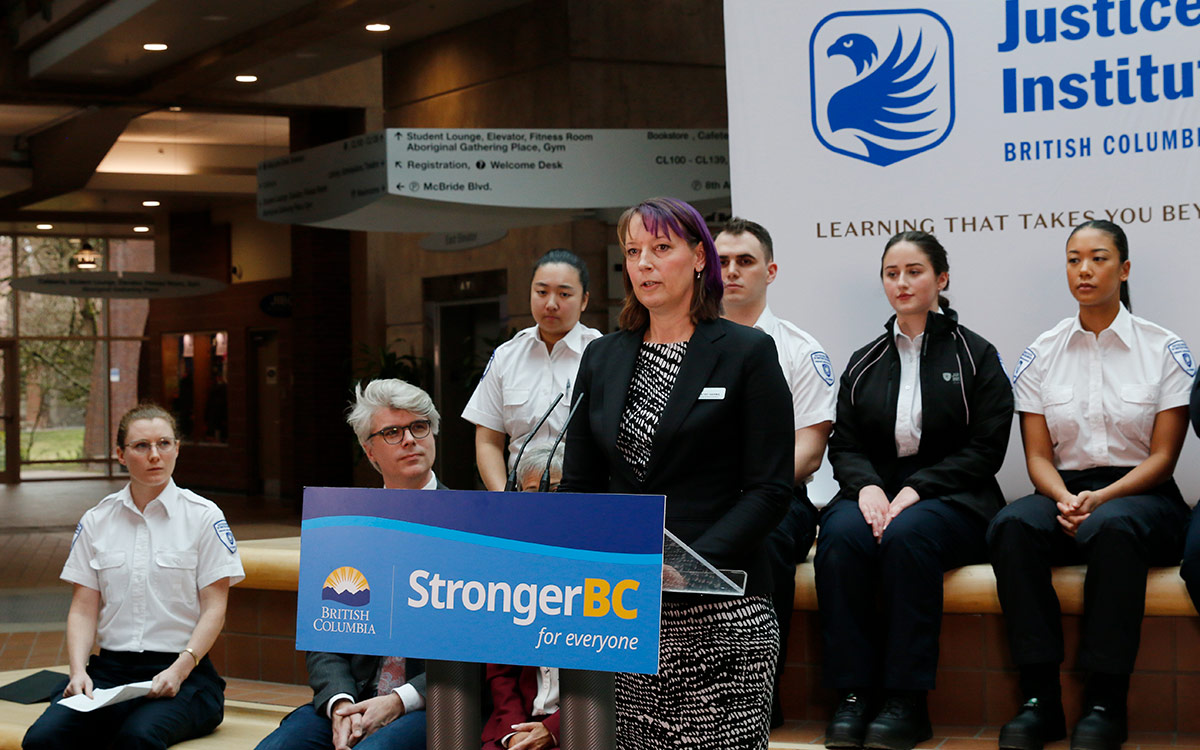 JIBC Director, Health Science Division Kathy Harms speaks at funding announcement.