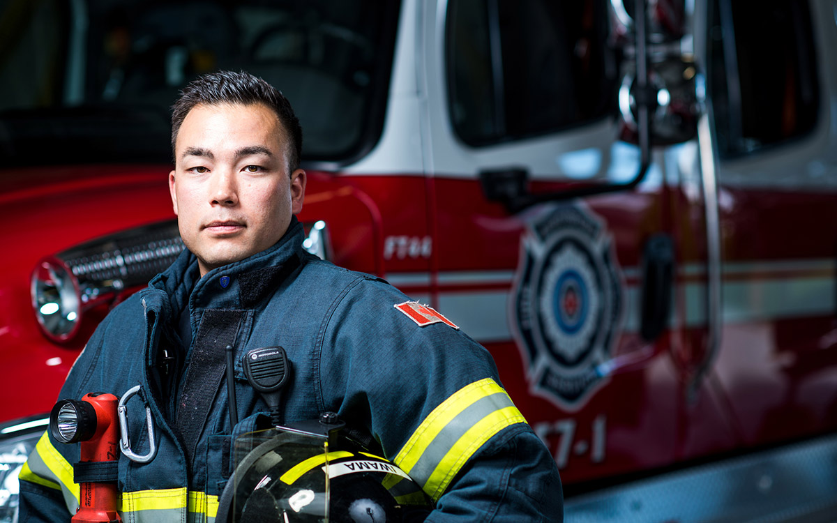 ​​​​​​​Adam Iwama credits his JIBC training with helping him successfully transition from work in kinesiology to a career as a firefighter.