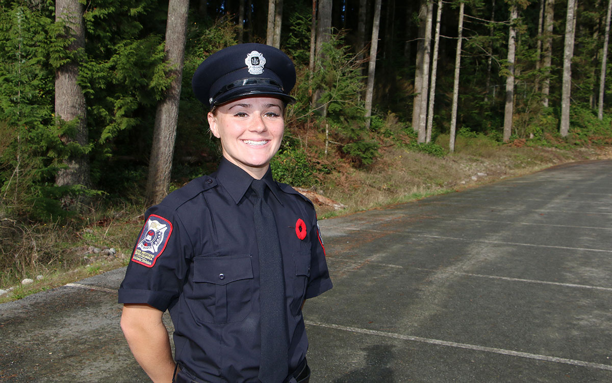 JIBC Fire Fighting Technologies Certificate grad Lindsay Anderson says the program's length gave her the time to develop ways of completing firefighter tasks that work for her. 