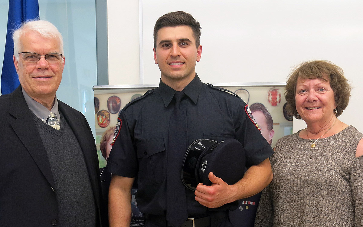 FFTC grad Paul Lio is his class’s recipient of the Jon Baillie Memorial Award, seen here with Bernie Magnan, chair of the JIBC Foundation Board of Directors, and Linda Baillie, wife of the late Jon Baillie.