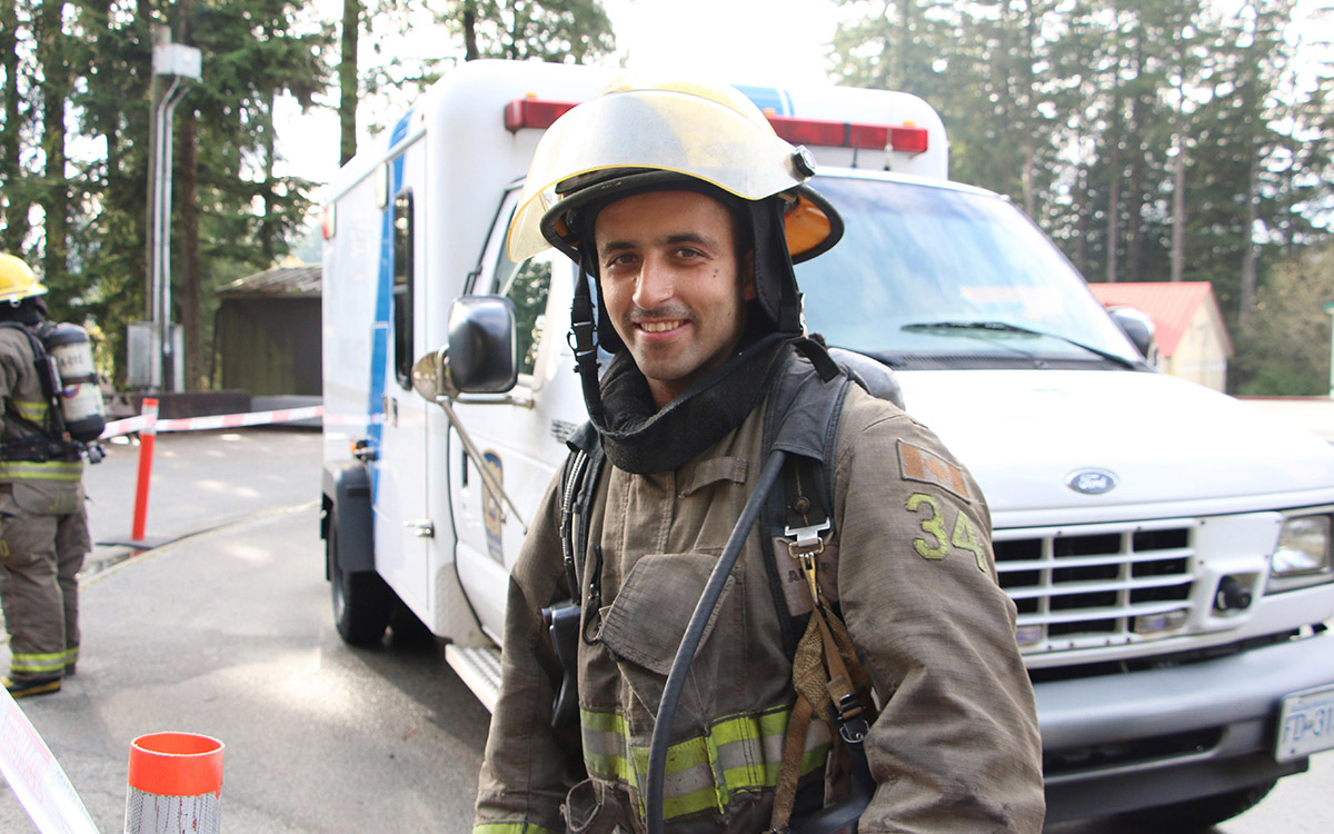 FFTC grad Yousif Safar following demonstration of a ladder rescue at JIBC’s Maple Ridge campus.