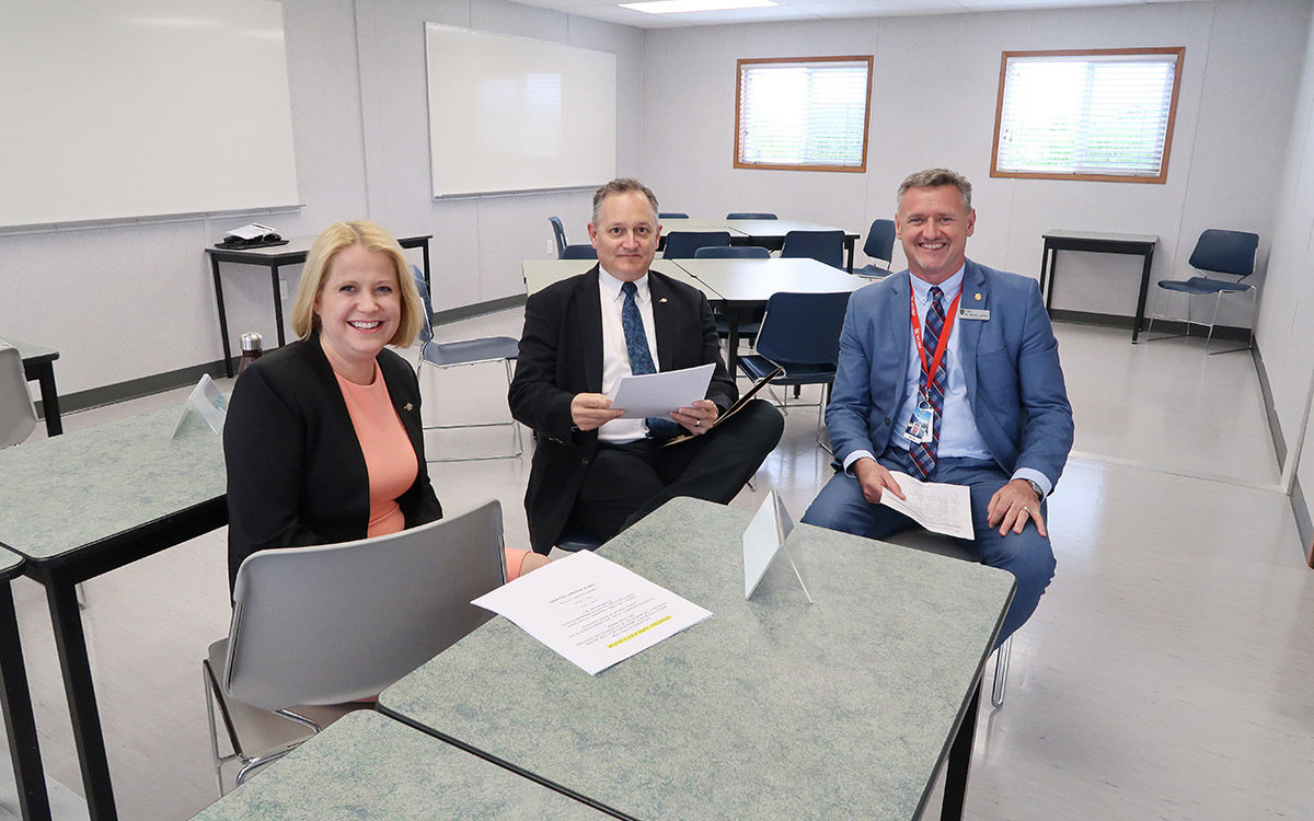 Maple Ridge-Pitt Meadows MLA Lisa Beare, Maple Ridge-Mission MLA Bob D'Eith and JIBC President Michel Tarko visit the new classroom facility at JIBC's Driver Education Centre in Pitt Meadows.