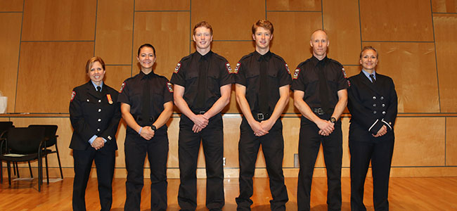 From left: Kim Saulnier, FIre Prevention Inspector at District of North Vancouver Fire & Rescue Services and JIBC lead instructor, JIBC fire graduates Ryanna Smith, Spencer Kyte, Tommy Robertson, and Douglas Race, and Jenn Dawkins of Vancouver Fire and Rescue Services, at the presentation by the 2018 One World students at JIBC’s New Westminster campus recently.