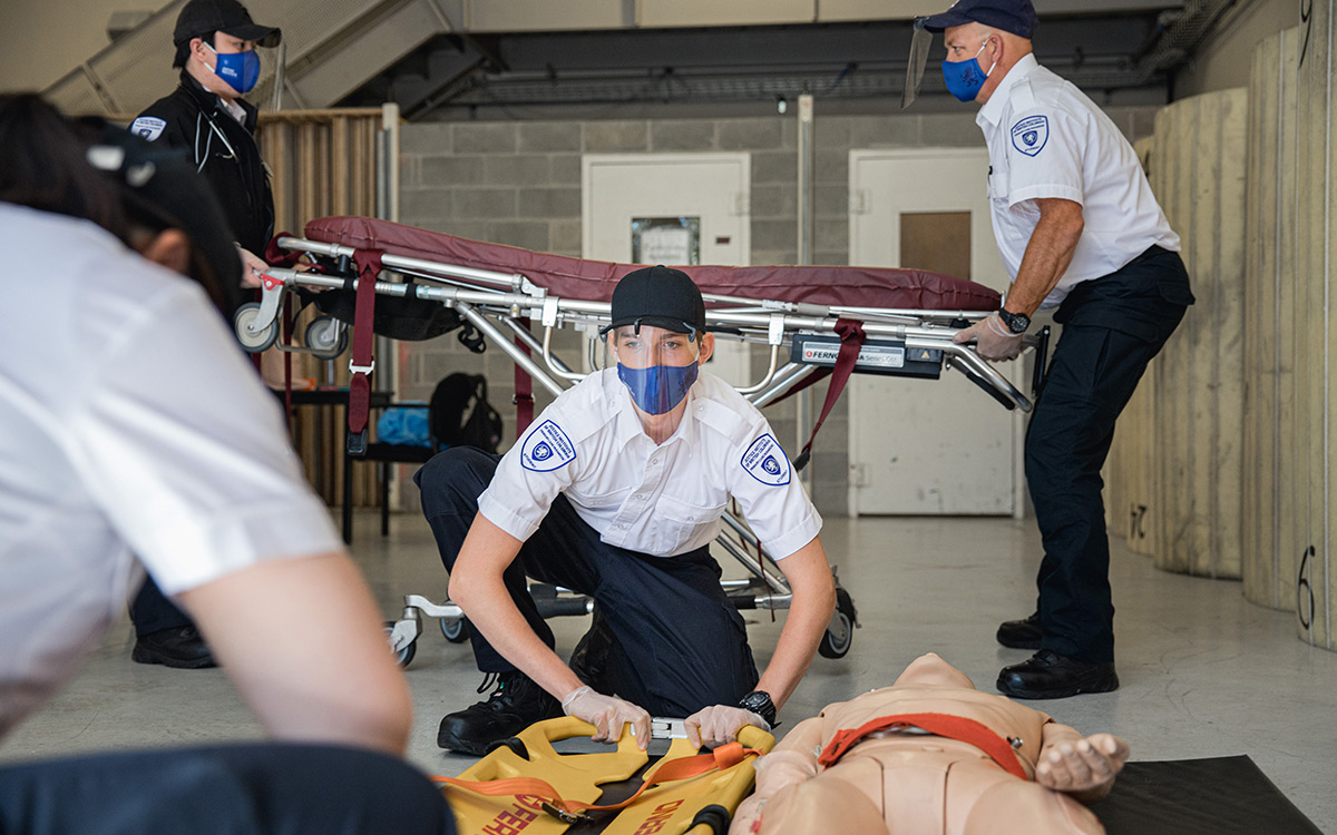 JIBC Primary Care Paramedic students are required to wear gloves, non-medical masks and face shields when working in close contact with their designated team members.