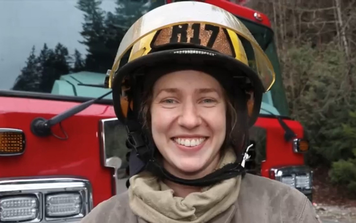 Danielle Nellestyne in turnout gear during her FFTC training at JIBC.
