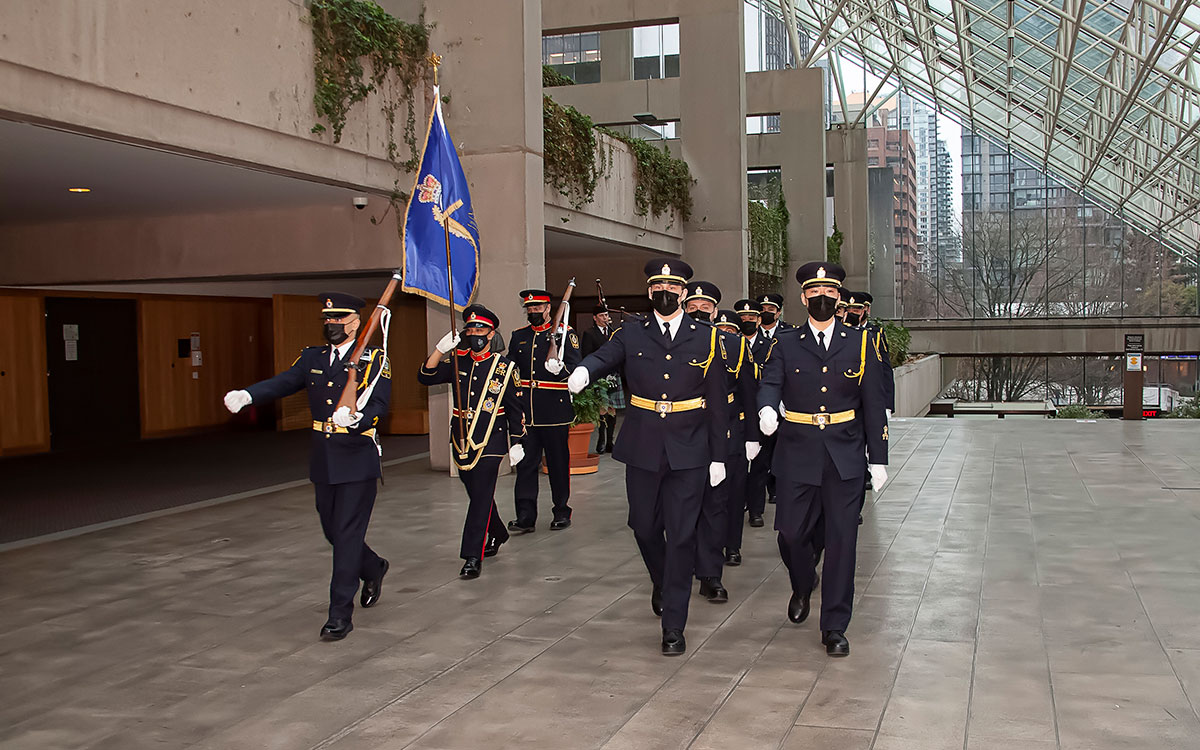 Graduating sheriff recruits march into ceremony at Vancouver Law Courts.