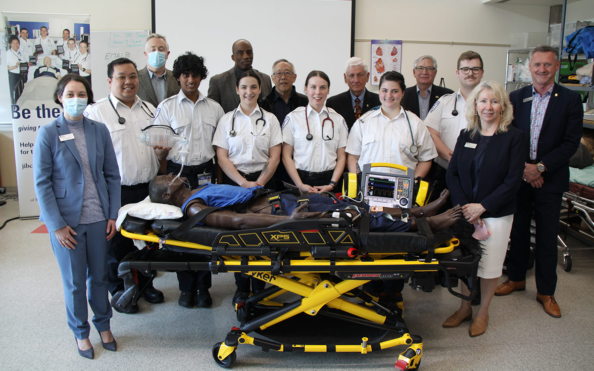 Paramedic students and Directors of The JIBC Foundation express thanks for donations from an anonymous donor that helped fund upgraded training equipment.