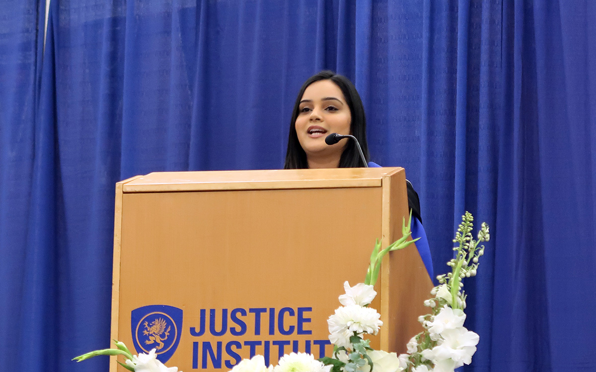 Student Speaker Gurleen Cheema addresses the graduating class at the afternoon ceremony of 2022 Spring Convocation at JIBC.