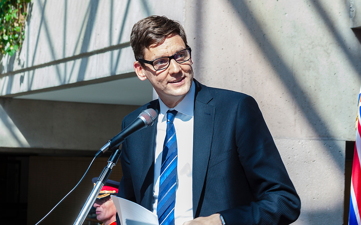 Attorney General David Eby speaks to the newest graduating class of the JIBC Sheriff Academy at a ceremony held at the Vancouver Law Courts on June 30, 2022.