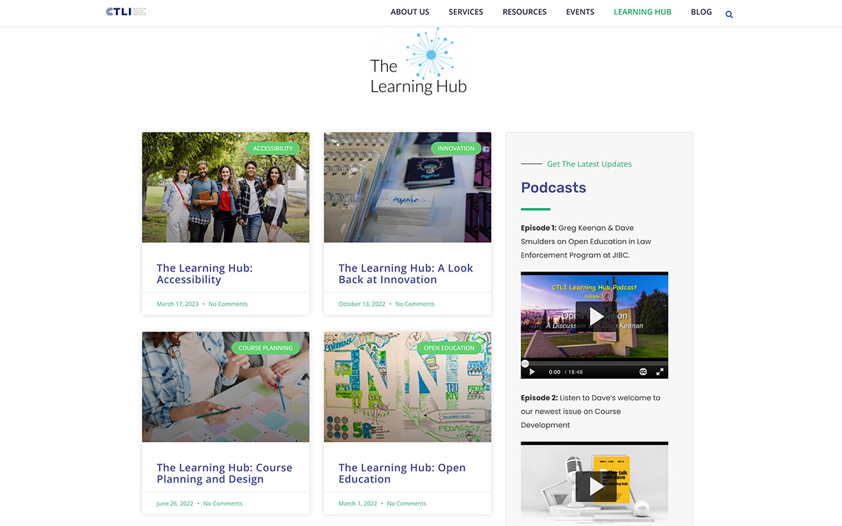 Screenshot of Learning Hub website, a professional development resource for JIBC staff and faculty, which received a bronze Horizons Interactive Award.