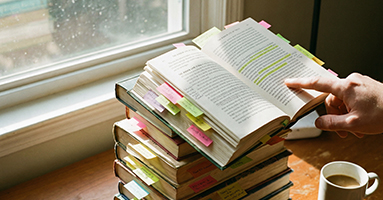 a stack of books by window