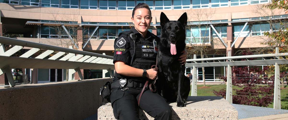 Courtney Lee has always wanted to work with dogs. After graduating from JIBC’s Law Enforcement Studies Diploma program, she was hired by Securiguard as a dog handler for Diesel, who specializes in explosives detection, at YVR. 