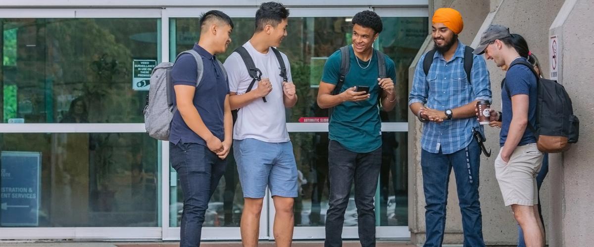 JIBC students gathering at the main entrance of the main campus in New Westminster