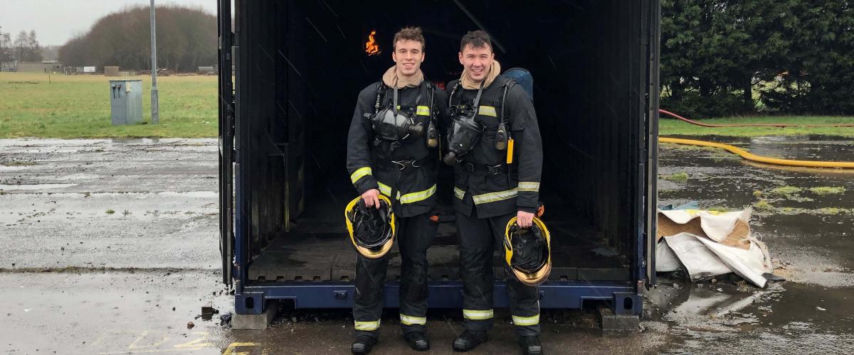 JIBC Fire Fighting Technologies Certificate (FFTC) graduates Nick Cirillo and Rorie Moir travelled to The Fire Service College in the UK to participate in a special opportunity to study abroad for two weeks and gain invaluable international firefighter training experience.