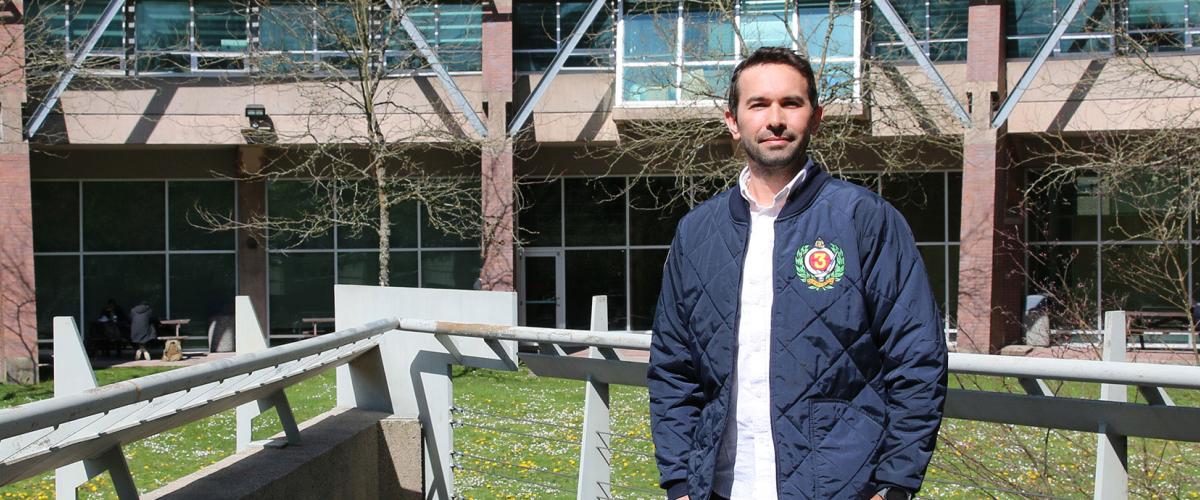 Rodrigo Miyake at the courtyard of JIBC's New Westminster campus.