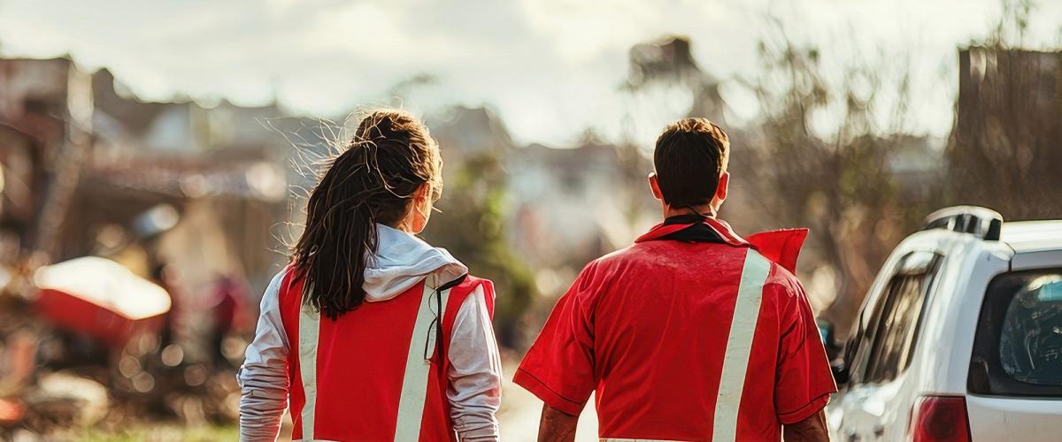 Two relief workers walking amidst the rubble