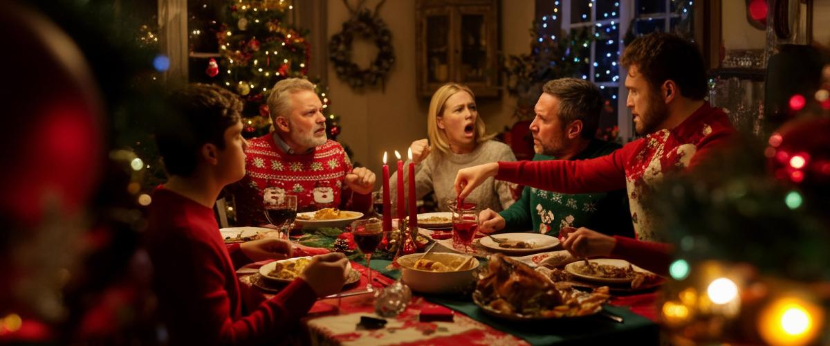People argue around festive Christmas dinner table.