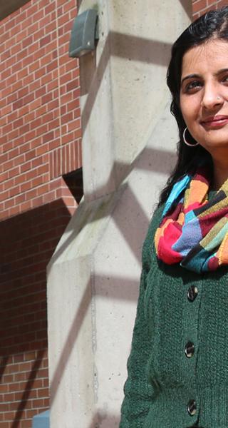 Sanna Meherally stands outside entrance to New Westminster campus.