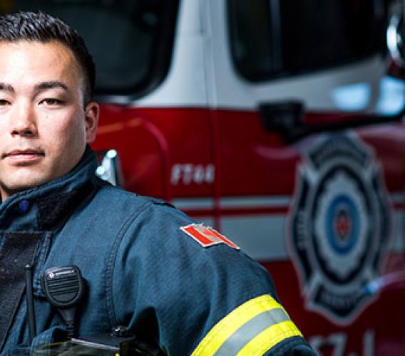 Adam Iwama credits his JIBC training with helping him successfully transition from work in kinesiology to a second career as a firefighter. (Story by Wanda Chow / Photo by Jimmy Jeong)