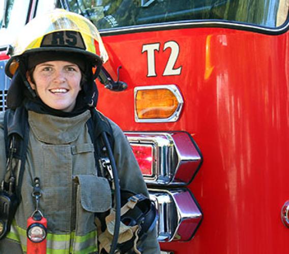 Britt Benn, a member of Canada’s 2016 Olympic bronze medal-winning women’s rugby team, is all smiles after completing JIBC’s Fire Fighting Technologies Certificate program. (Story and photos by Wanda Chow)