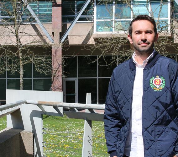 Rodrigo Miyake at the courtyard of JIBC's New Westminster campus.