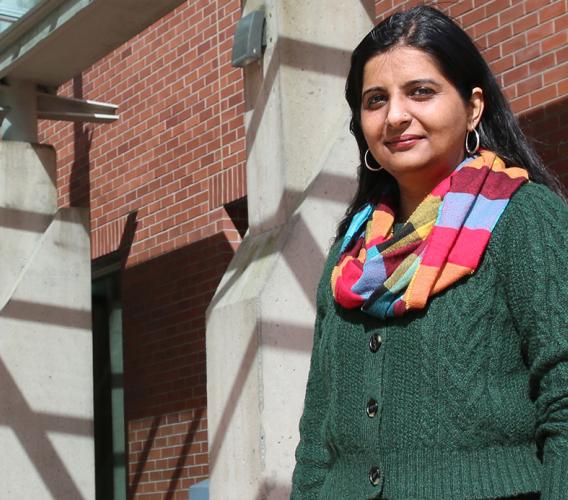 Sanna Meherally stands outside entrance to New Westminster campus.