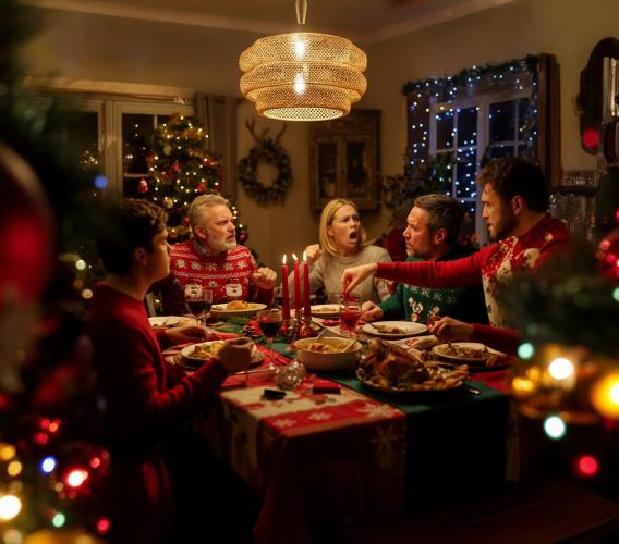 People argue around festive Christmas dinner table.
