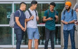 JIBC students gathering at the main entrance of the main campus in New Westminster