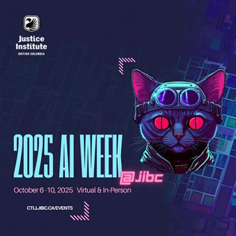 Graphic of cat in space helmet beside "2025 AI Week at JIBC"