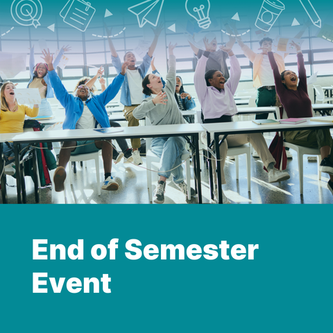 students in classroom with hands up