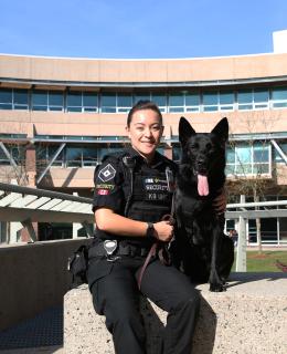 Courtney Lee has always wanted to work with dogs. After graduating from JIBC’s Law Enforcement Studies Diploma program, she was hired by Securiguard as a dog handler for Diesel, who specializes in explosives detection, at YVR. 