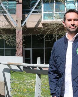 Rodrigo Miyake at the courtyard of JIBC's New Westminster campus.