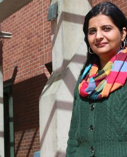 Sanna Meherally stands outside entrance to New Westminster campus.